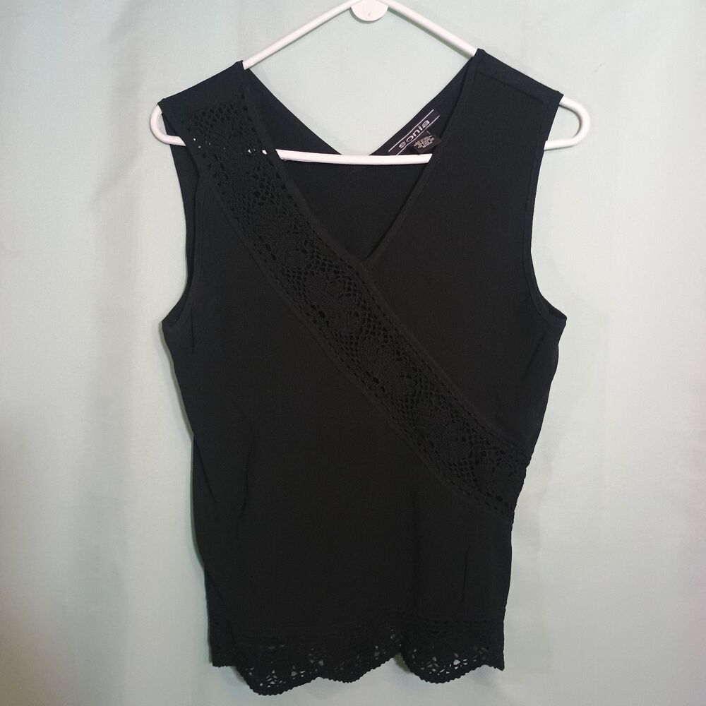 Women’s Black Sleeveless Wrap Top – V-Neck Crochet Lace Trim Blouse